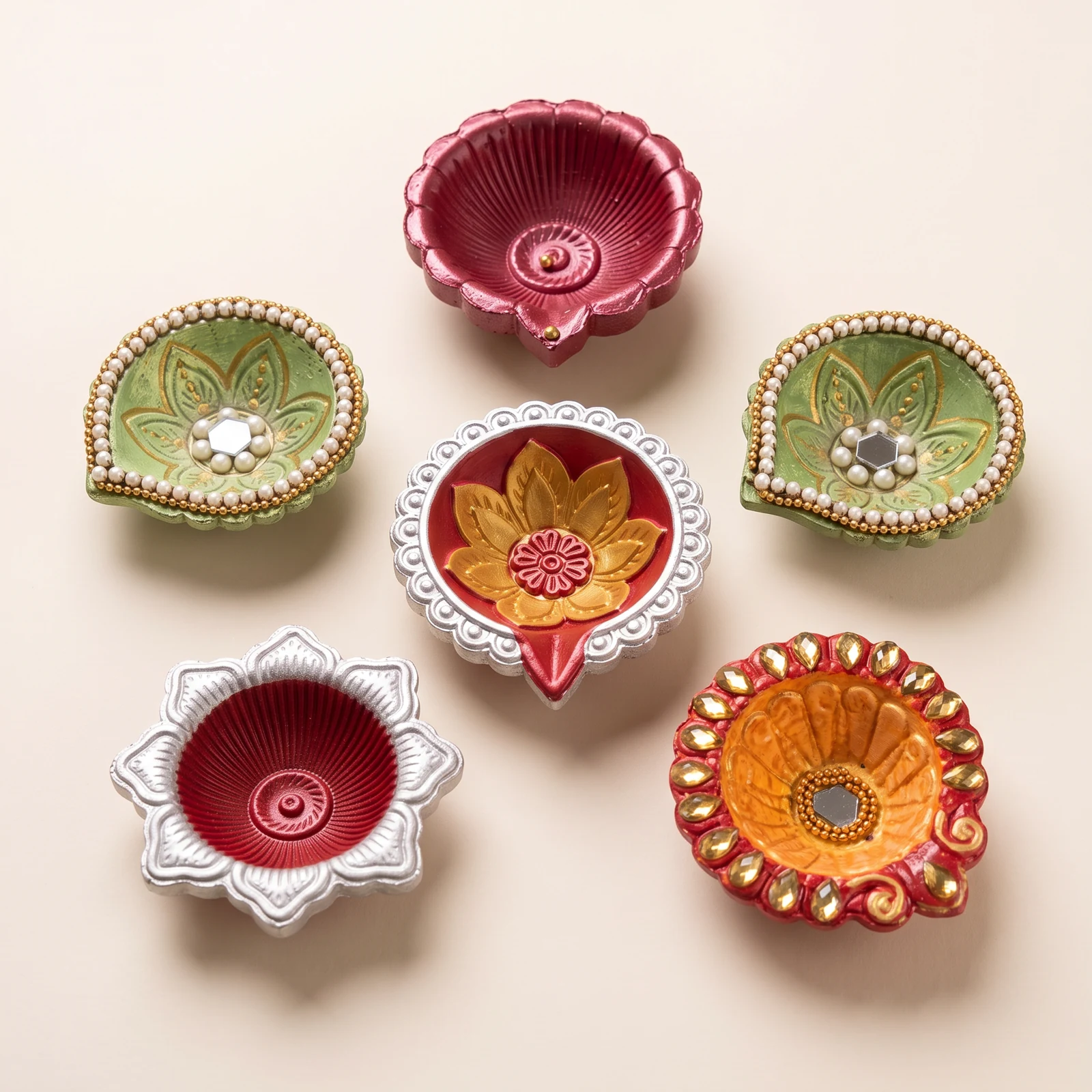 Rose pink, silver lotus, silver star, green pearl and orange-red handmade diyas on an ivory surface