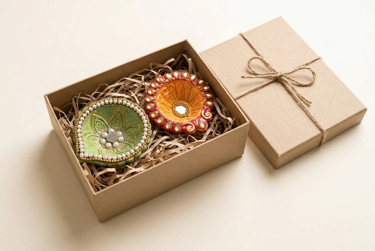 Pearl & Colour Set: illustrative diya combination in a plain kraft box with shredded filler