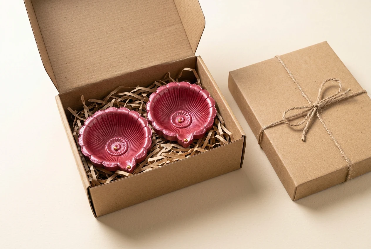 The Rose Glow: illustrative diya combination in a plain kraft box with shredded filler