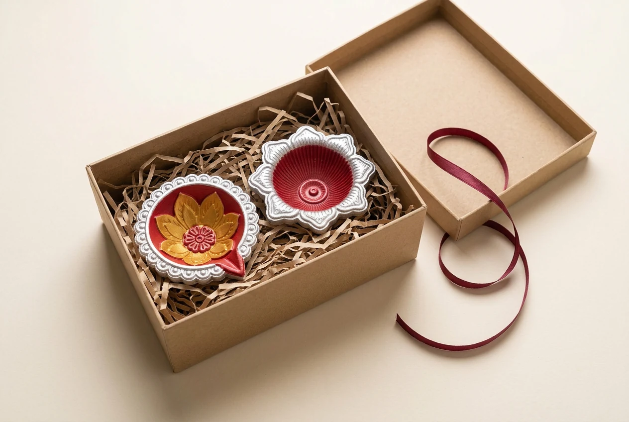 Silver & Gold Duo: illustrative diya combination in a plain kraft box with shredded filler