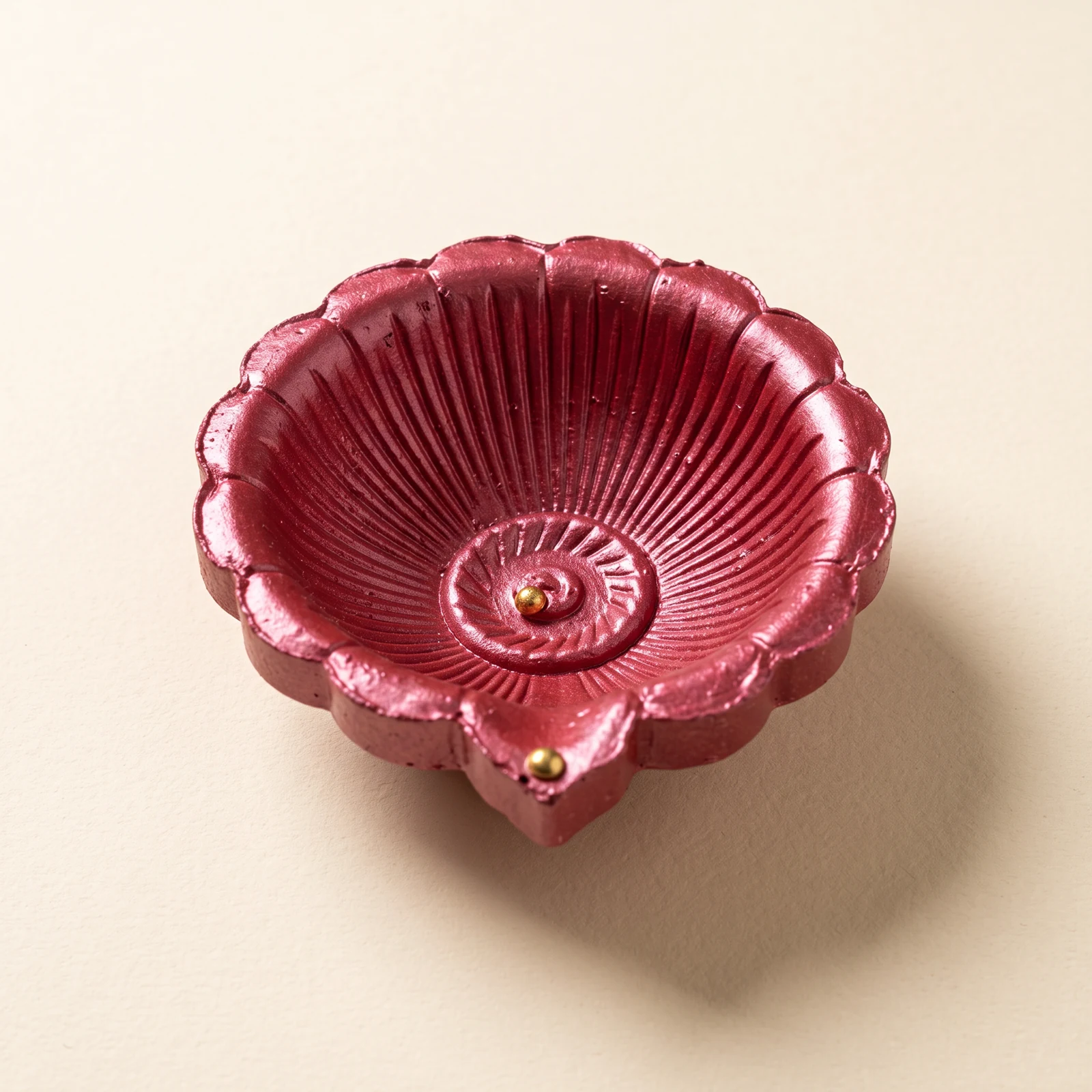 Rose Pink Scalloped Diya — handmade details on an ivory background